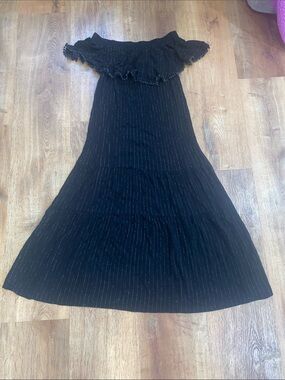 LC Lauren Conrad Black Off-Shoulder Maxi Dress with Subtle Metallic Stripes